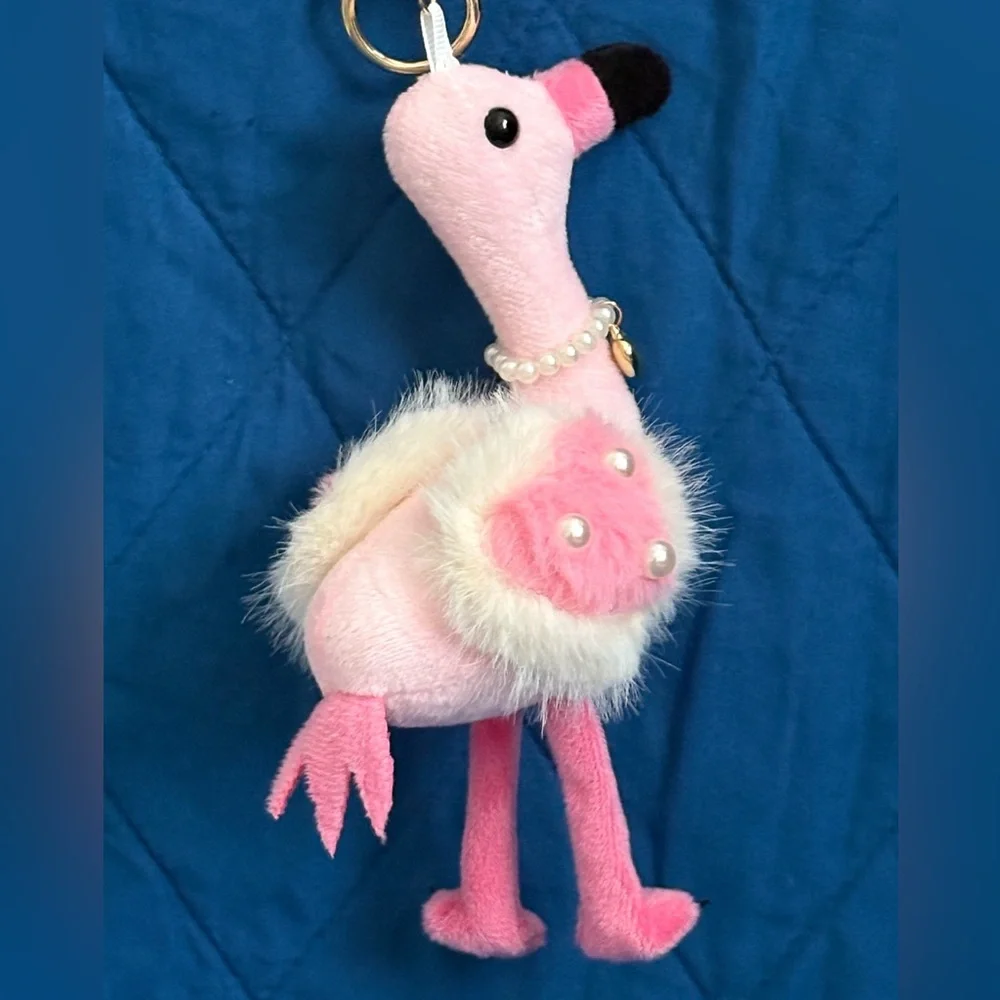 Natasha Couture Fluffy Pink Flamingo Faux Pearl Necklace Handbag Charm Key Chain